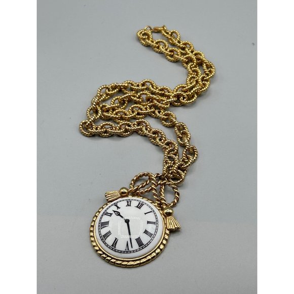 Vintage Clock Necklace Ceramic Pendant Textured Chunky Chain Statement Jewelry - Picture 2 of 8